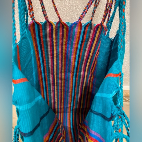 Mexican rainbow striped woven tote bag blue - Picture 4 of 4